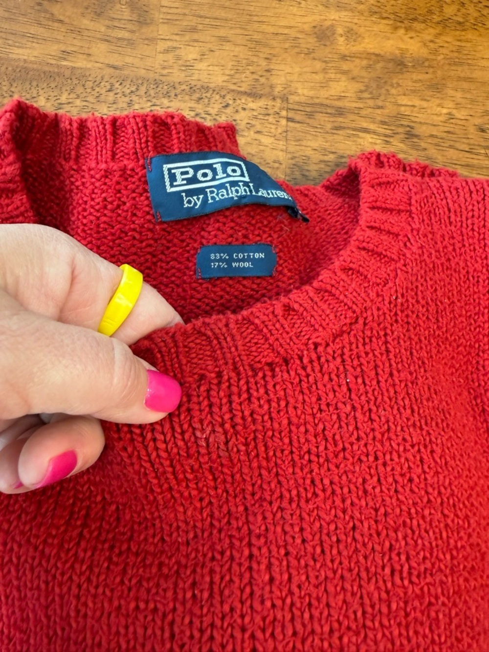Vintage Polo Ralph Lauren Red Crewneck Sweater XL Cotton Wool Pullover Navy Pony - Picture 8 of 9